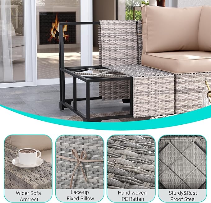16-Piece Outdoor Patio Furniture Set with Rocking Swivel Chair, PE Wicker Rattan Sectional Sofa Patio Conversation Set with 55,000 BTU Fire Pit Table & Coffee Table, Beige