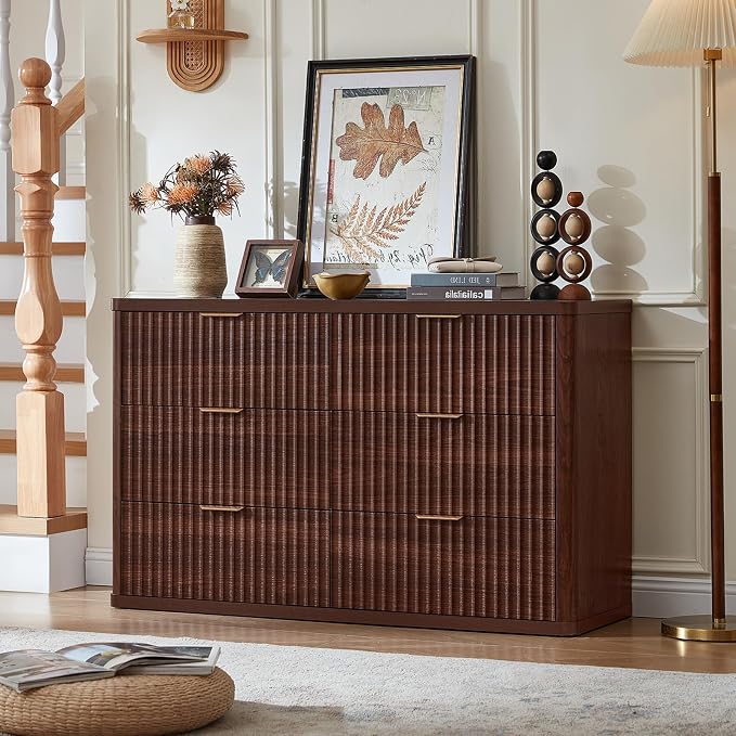 LEYAOYAO Fluted 6 Drawers Dresser for Bedroom, 48" Wide Modern Chest of Drawers with Metal Handle, Walnut Curved Profile Farmhouse Closet Organizer Wood Dressers TV Stand for Living Room, Hallway - Image 9
