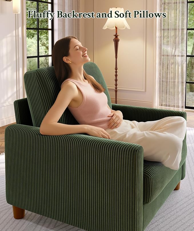 35.3" Couches for Living Room, Comfy Green Couch Single with 22.5" Deeper Seat, Accent Chair Tool-Free Setup, Reading Chair 440lbs Support, Corduroy Couch for Bedroom, Apartment, Office