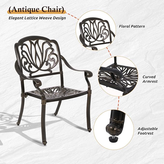 Cast Aluminum Outdoor Patio Dining Set, All Weather Outdoor Furniture Dining Set for Patio, Balcony, Lawn, Garden, Backyard (1 Square Table+ 4 Dining Chairs) - Image 5