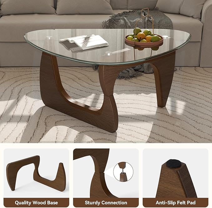 Modern Glass Coffee Table, Triangle Center Table with Tempered Glass Top& Unique Wooden Base, 35.5” Mid Century Tea Tables for Living Room, Apartment, Office,Walnut &Transparent