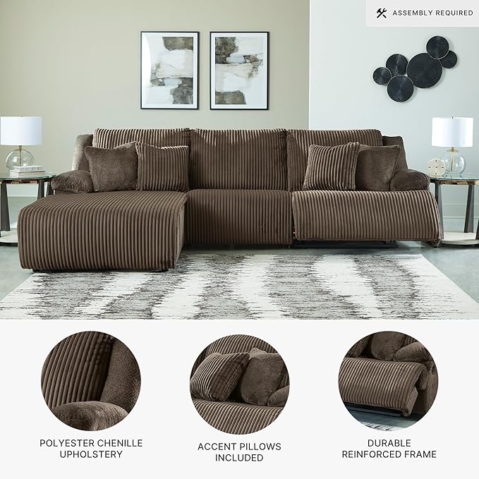 Signature Design by Ashley Top Tier Casual Manual Reclining Left-Arm Facing 3-Piece Sofa Chaise Sectional with 4 Accent Pillows, Dark Brown