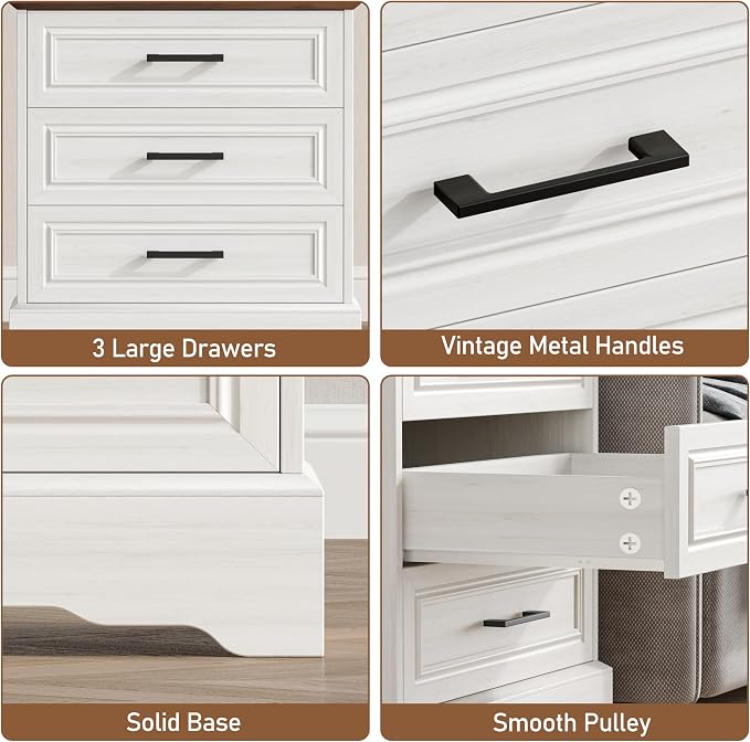 Akxomel Farmhouse Nightstand with Charging Station, 22" Wide Bedside Table with 3 Large Drawers & Bar Handles, Side End Table with Stable Support Base, for Bedroom, Off White - Image 6
