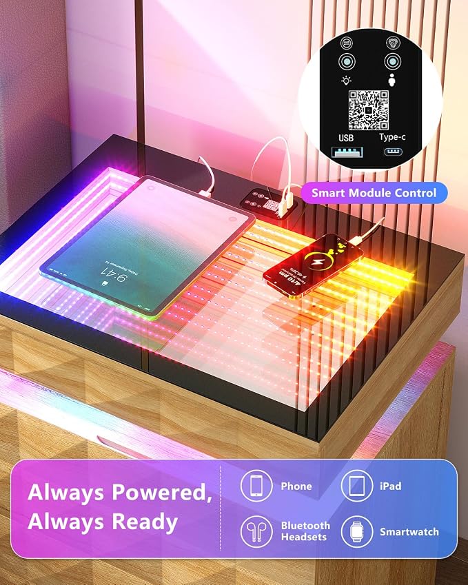 Dystler Night Stand with Charging Station and RGB Lights, LED Nightstand with Tempered Glass and Sliding Top, 3 Drawers Bedside Table with Hidden Storage, Lockable End Side Table for Bedroom, 2 Wood - Image 4