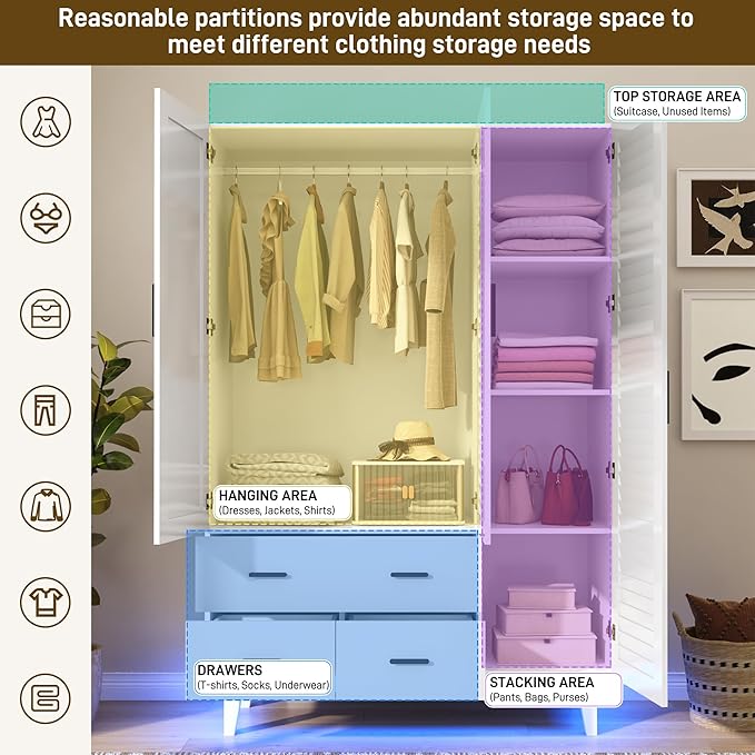 jiteentarou 3 Door Armoire Wardrobe Closet Cabinet with Drawers and LED Lights, Multi-Tier Shelves, Hanging Rod & 3 Louver Doors, Large Capacity Storage Wardrobe Armoire for Bedroom(3 Doors White)