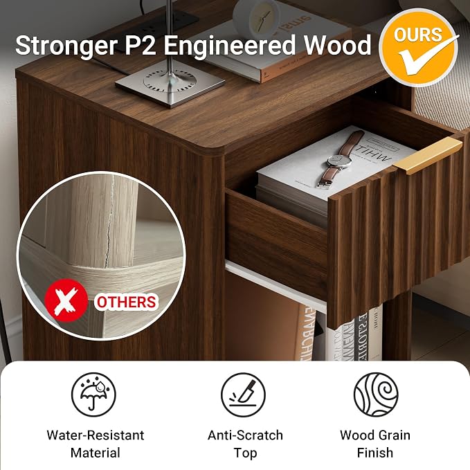 Fluted Nightstand, Night Stand Set 2, Walnut Nightstands Set of 2 with Charging Station, End Table with Drawer & Open Shelf, Modern Bedside Table for Bedroom Sofa Home Office,Curved Corners - Image 7