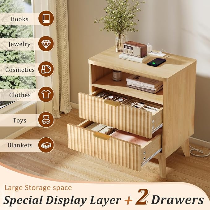LYNCOHOME Fluted Nightstand with Charging Station, 19.7 inch Wide End Table with 2 Drawers, Modern Wood Bedside Table for Bedroom,Natural,1 Pcs - Image 5