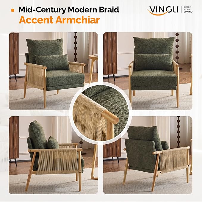 VINGLI Boho Braid Accent Armchairs Set of 2,Mid-Century Modern Chiars with Solid Wooden Armrest,Comfy Louge Cushion Chairs with Waist Pillow for Bedroom,Living Room,Reading Room, Dark Green