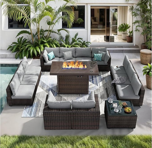 Patio Furniture Set 14 Pieces with 44" Fire Pit Table, Rattan Outdoor Sectional Conversation Sets, All Weather Outdoor Furniture Set with Cushions for Garden Lawn Balcony Porch Deck Grey