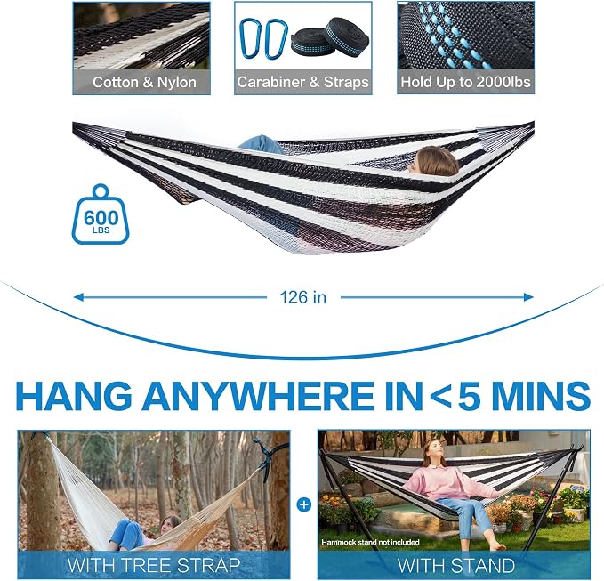 PNAEUT Handwoven Mayan Hammock, Thick Soft Rope Double Hammock for Outdoor Outside & Indoor, 600 lbs Capacity Heavy-Duty, Includes Tree Straps, Carabiners & Carrying Bag (Black and White, X-Large) - Image 6