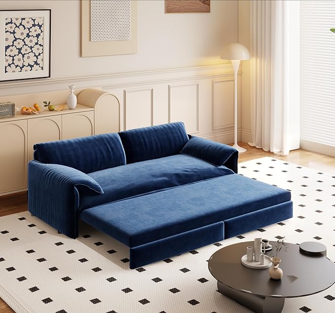Eafurn 66" Convertible Sofa Bed Queen Size, 3-in-1 Pull Out Sleeper Couch Sofabed, Modern Velvet Loveseat Chaise Lounge w/Side Storage Pocket for Living Room Office | Removable Cushions