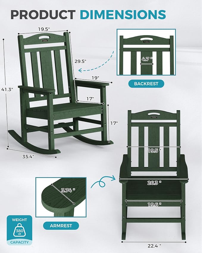 Ciokea Oversized Outdoor Rocking Chairs Set of 2, 380lbs Heavy-Duty Large Patio Rocker, High Back Cozy Porch Chairs, Weather Resistant Patio Rocking Chairs for Outside, Fire Pit, Deck, Forest - Image 3
