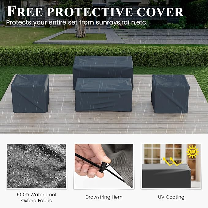 Patio Furniture Set with Fire Pit Table, Aluminum Patio Furniture Set,White Outdoor Metal Sectional Sofa with Aluminum Fire Pit Table for Garden Backyard (Include Waterproof Cover)