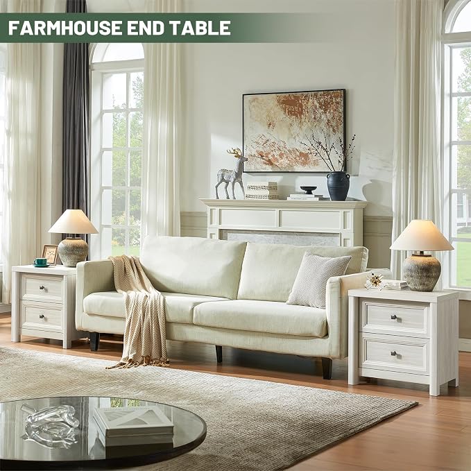 Farmhouse White Night Stands Set of 2, Bedside Tables Nightstands with 2 Drawers Storage, 22.8" Large Rustic Wood Night Stand, Bed Side Table for Bedroom Living Room Sofa Couch Office - Image 2