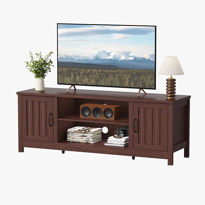 ChooChoo 54" Farmhouse TV Stand for TVs up to 65 inches, Entertainment Center with Storage Cabinets, Open Shelves and Fluted Door, TV Console Table for Living Room, Bedroom, Walnut - Image 8