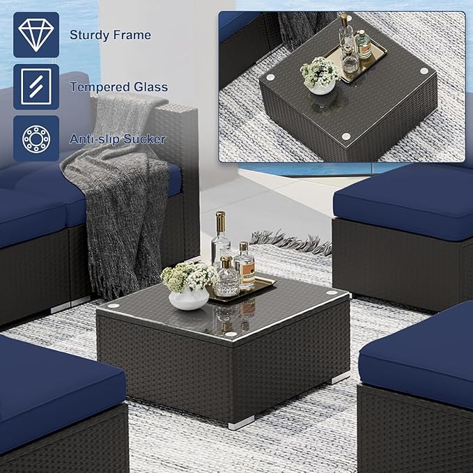 SUNCROWN 7-Piece Outdoor Patio Furniture Sofa Set All-Weather Wicker Sectional Cushioned Set with Modern Glass Coffee Table, Cushions and A Waterproof Cover(Dark Blue)