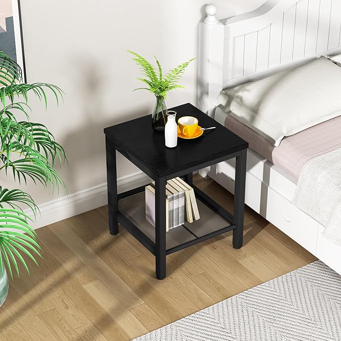 Lamerge 3 Pieces Living Room Table Set, Industrial Coffee Table with 2 Square End Side Tables, Coffee Table Set with Metal Frame for Apartment Home Office, Black