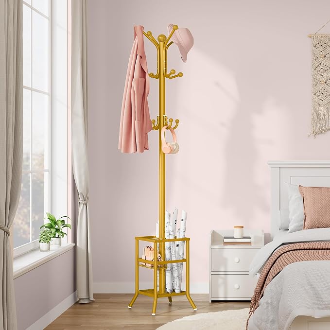 FAVOOSTY Coat Rack Freestanding,Coat Rack Stand with Umbrella Holder,Metal Coat Tree with 12 Hooks,Tree Clothes Hat for Entryway, Hallway, Bedroom, Living Room & Office -Glod - Image 6