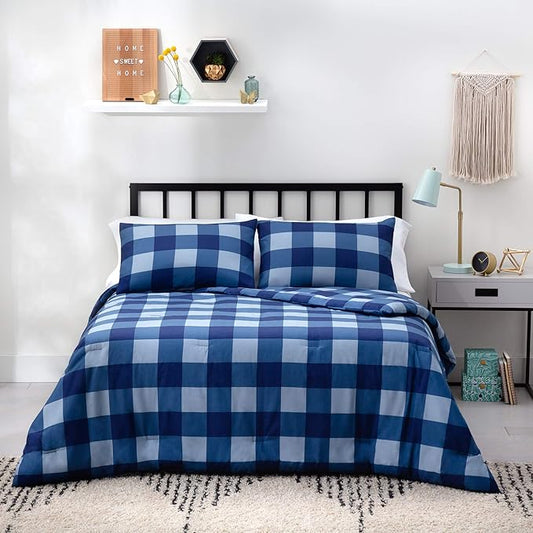 LINENSPA All Season Hypoallergenic Down Alternative Microfiber Comforter, Oversized King, White/Navy