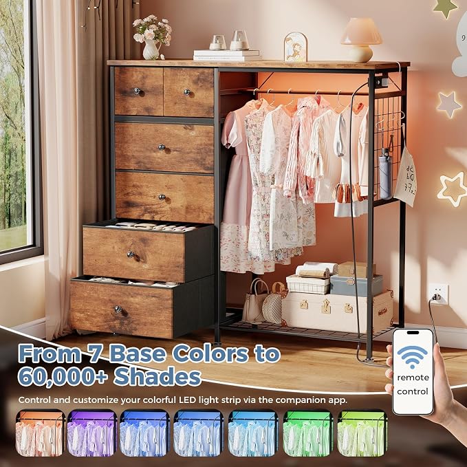 DUMOS Dresser for Bedroom with Hanging Rack, 6 Drawer Fabric Dresser with Charging Station and LED Lights, Closet Organizer & Storage Tower for Living Room, Entryway, Apartment, Rustic Brown - Image 6