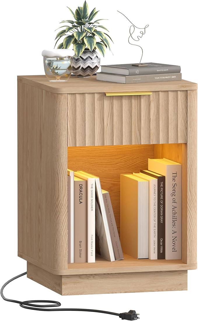 Akxomel Fluted Nightstand, Wooden Night Stand with Charging Station and LED Light, Modern Mid Century End Table with Drawer, 15" D x 15.7" W x 22.6" H, for Bedroom, Natural Oak by Akxomel