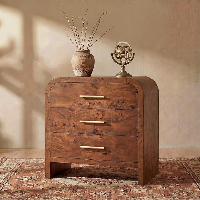 Farmhouse Nightstand, 23.5" Curved Modern Night Stand with 3-Drawer, Bedside Table, End Table for Bedroom, Storage Cabinet for Home Office Entryway, Dark Burl by TheBeautyofRusticRefined