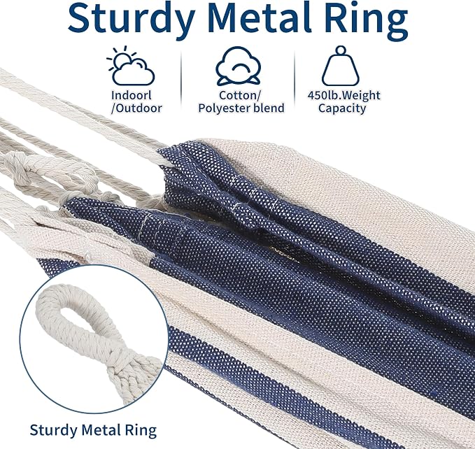 Double Hammock with Steel Stand - 2 Person Hammock Bed Indoor Outdoor, Brazilian-Style, with Carry Bag, 450lb Capacity, Portable & Easy Assembly, Blue&White - Image 2