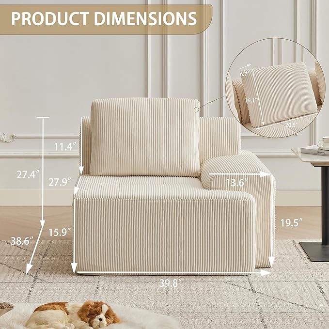 Modular Sectional Sofa with Movable Ottoman, 1 Seat Deep Seat Couch with1 Pillow, Comfy Cloud Sectional Sofa for Living Room, Bedroom and Apartment (White, 1 Right)