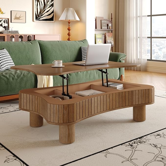 Cloud Lift Top Coffee Table with Storage, 42.52" Modern Lrregular Fluted Coffee Tables with Lifting Top,Cute Low Center Tables for Living Room, Apartment or Office-Walnut