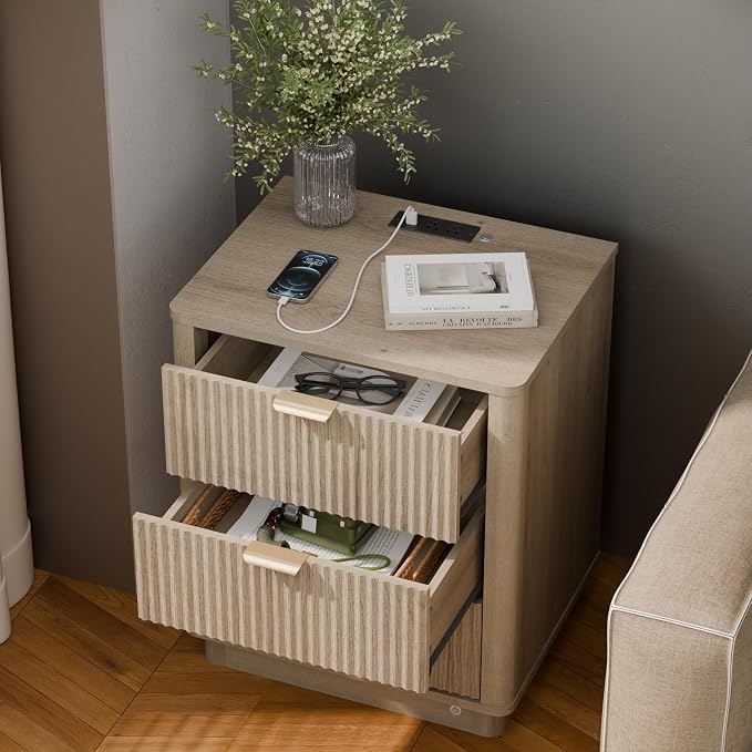 20'' Fluted Night Stand Set of 2, Curved Nightstands with Charging Station Lighting, Wood End Table with 3 Drawers, Modern Side Table Storage Cabinet for Bedroom Office,(2, Natural) - Image 9