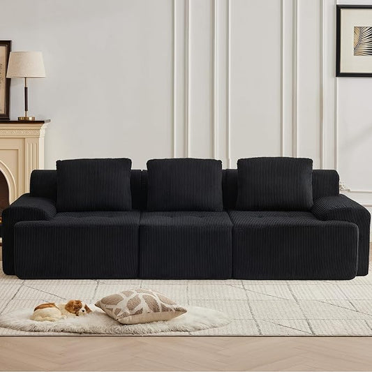 Modular Sectional Sofa with Movable Ottoman, 3 Seat Deep Seat Couch with 3 Pillows, Comfy Cloud Sectional Sofa for Living Room, Bedroom and Apartment (Black, 1 Left+1 Right+1 Middle)