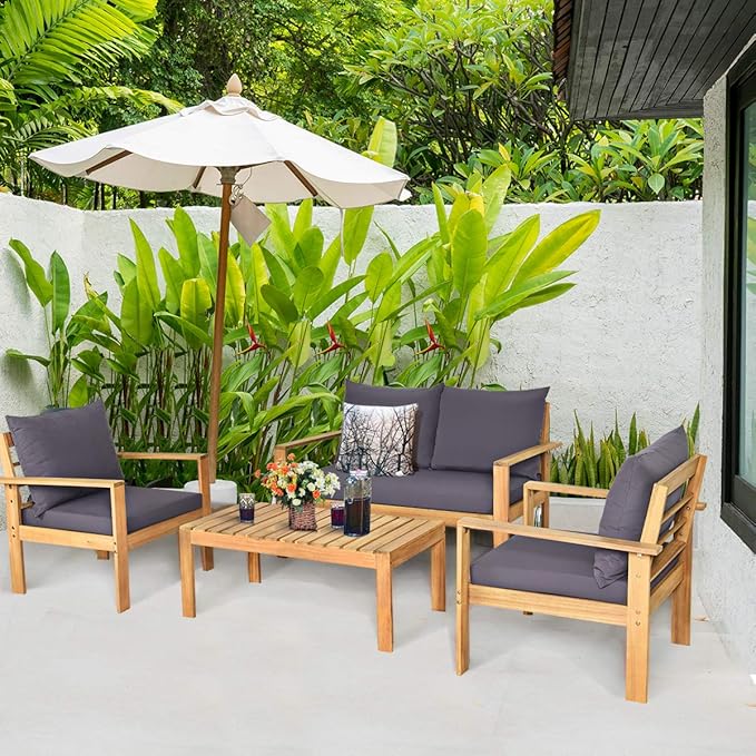 Tangkula Outdoor 4-Piece Acacia Wood Chat Set, 4 Seater Acacia Wood Conversation Sofa and Table Set with Waterproof Furniture Cover, Teak Finished (1, Grey)