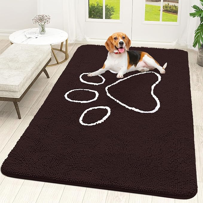 OLANLY Dog Door Mat for Muddy Paws 59x35, Paw Print Design, Absorbs Moisture and Dirt, Absorbent Non-Slip Washable Doormat, Quick Dry Chenille Mud Mat for Dogs, Entry Indoor Entryway Carpet, Brown by OLANLY
