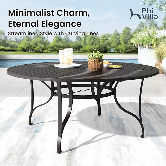 PHI VILLA 67" Outdoor Round Table for 8, Large Metal Wrought Iron Patio Dining Table with Umbrella Hole, All Weather Furniture for Outside Deck, Yard, Porch - Black - Image 3