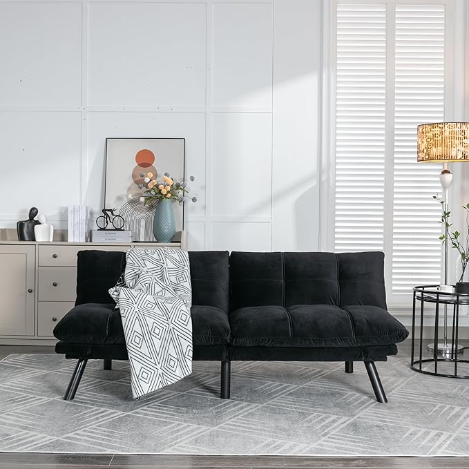 Ball & Cast 71" Futon Sofa Bed, Mordern Upholstered 2 Seater Couch with Adjustable Backrest,Folding Loveseat with Metal Legs for Living Room,Office,Black