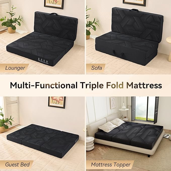 Trifold Mattress, 6 Inch Memory Foam Tri-Fold Mattress Queen Size, Foldable Mattress with Washable Cover, Handles and Non-Slip Bottom for Yoga, Living Room, Camping, 78"x 58" x 6", Black