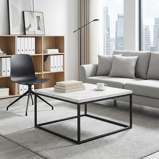 CENSI 30" Square Coffee Table, White Faux Marble Center Table for Living Room, Modern Minimalist Cocktail Table with Black Metal Frame, Extra Thick 1.2" Wood Top, Sturdy & Easy Assembly