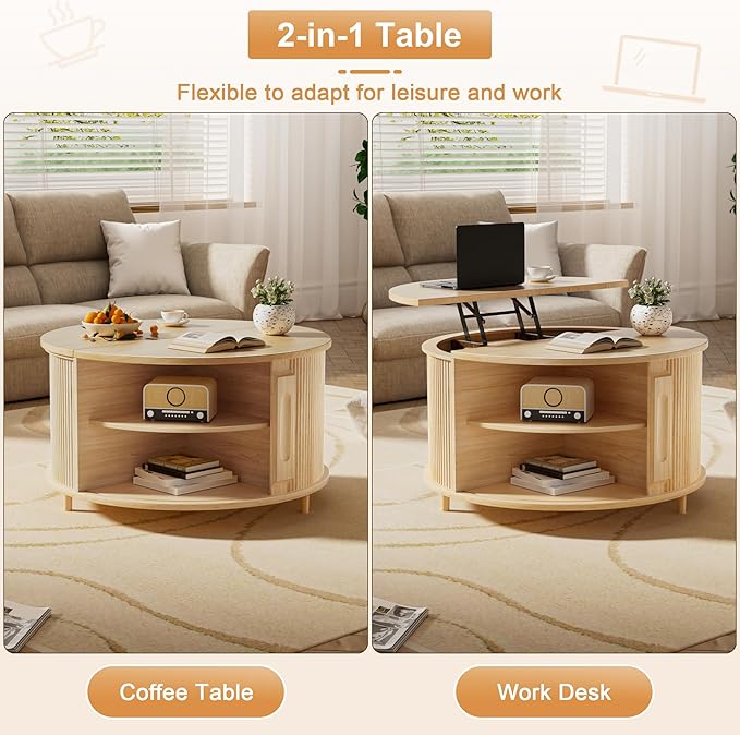 Round Lift Top Coffee Table, 31.5" Fluted Wood Lift Up Center Table with Sliding Door & Hidden Storage – Mid Century Modern Circle Coffee Table for Living Room, Apartmentm, Home Office (Natural)