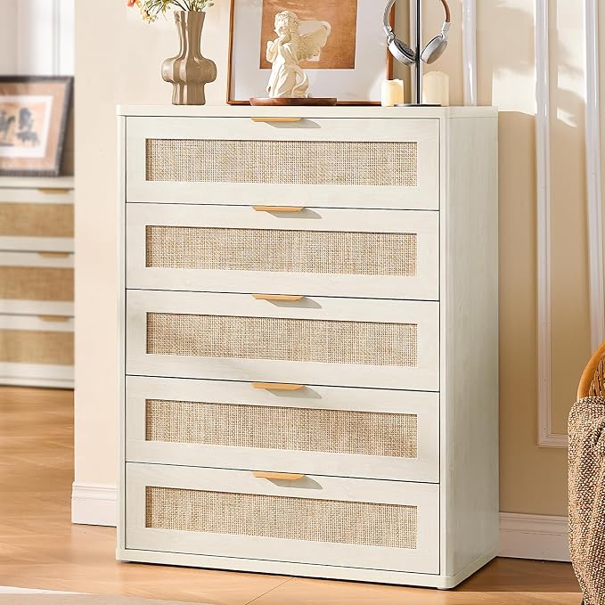 LEYAOYAO Rattan Dresser for Bedroom Set 2, 41" Tall Chest of Drawers, Modern 5 Drawers Boho Dressers with Storage, Light Oak Dresser Wooden Closet Organizer for Living Room, Hallway, Grey White - Image 2