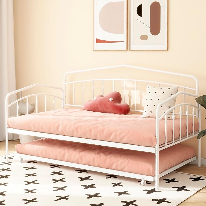 GDFStudio Twin Daybed with Trundle,Metal Sofa Bed Set,Rollaway Daybed Couch Bed Frame for Bedroom Living Room Guest Room White