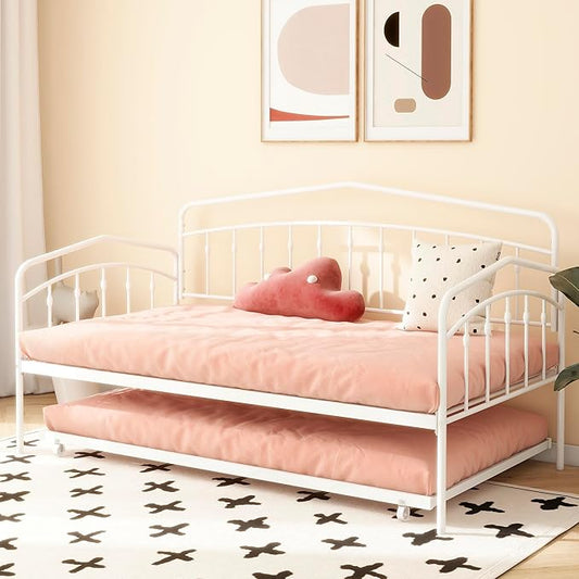 GDFStudio Twin Daybed with Trundle,Metal Sofa Bed Set,Rollaway Daybed Couch Bed Frame for Bedroom Living Room Guest Room White
