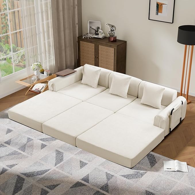 100" Convertible Sleeper Sofa Bed, Oversized Modular Sectional Cloud Sofa with Fixed-Shape Frame & Tabletop, Boneless Couch with Storage Pocket for Living Room, No Assembly Required, Beige
