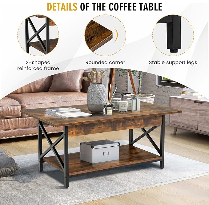 COSTWAY Industrial Coffee Table, 2-Tier Wood Cocktail Tea Table with Storage Shelf and X-Shape Steel Frame, Rectangle Sofa Side Accent Table for Living Room Home Office, Rustic Brown