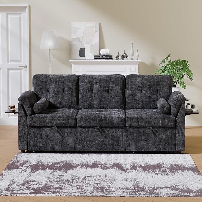 3 in 1 Convertible Sofa Bed, Chenille Pull Out Couch with Side Table, 3 Seat Pull Out Sofa Bed with Level Adjustable Backrest, Comfy Sleeper Sofas for Living Room, Apartment, Black