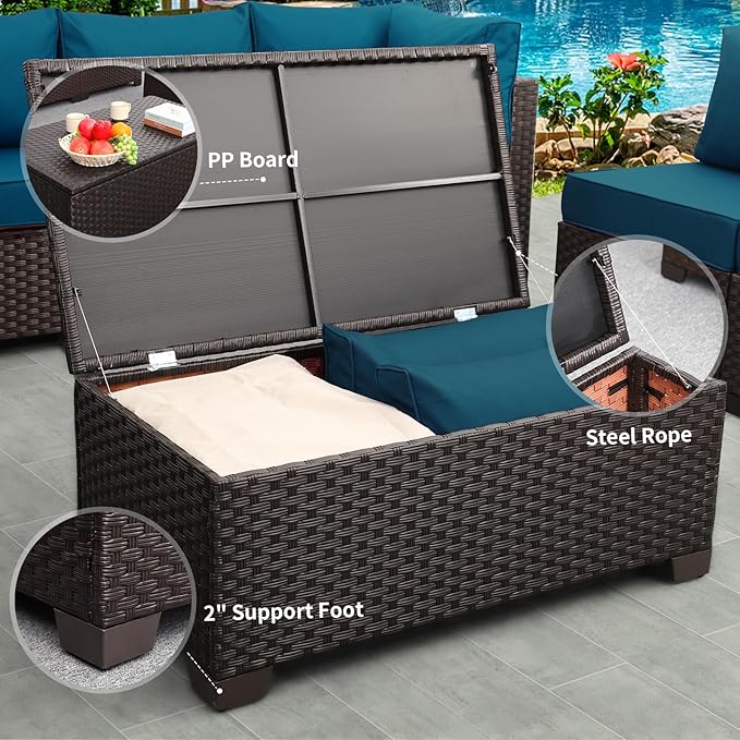 7 Pieces Outdoor Wicker Furniture Conversation Set Patio Furniture Sectional Sofa Couch Storage Table with Thicken(5") Non-Slip Cushions Waterproof Cover, Light Grey