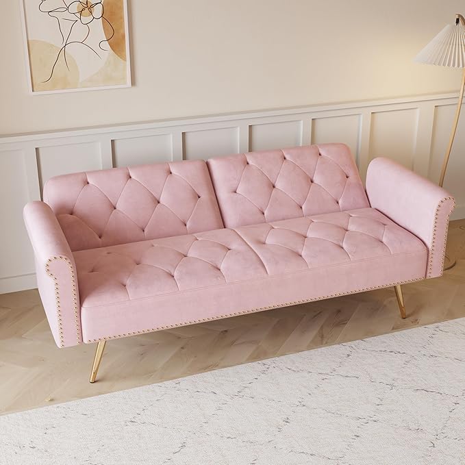Convertible Futon Sofa Bed , Adjustable Sleeper Couch Modern Velvet Tufted Recliner Reversible Loveseat Folding Daybed Guest Bed Sofacama w/ Nailhead Trim and Golden Metal Legs for Living Room Office