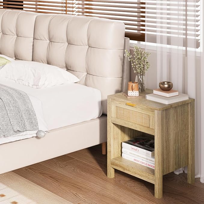 KIGOTY Farmhouse Nightstands, Night Stand, Rattan Nightstand Bedside Table with Drawer, Boho End Side Tables with Open Shelf for Bed Room, Natural Oak - Image 7