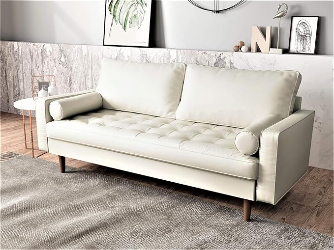 Womble Mid Century Modern Couch with Bolster Pillows, PU Leather Upholstered Tufted Seat, Versatile Retro Design for Comfortable Living Spaces, Loveseat, Sofa, White