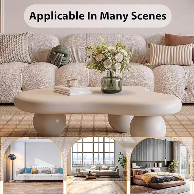 Modern Wooden Coffee Table Cloud Coffee Table Cute Central Living Room Low Table Irregular Indoor End Table White Coffee Tables with 3 Ball Legs for Living Room Bedroom (White Round Leg B 39.4 inch)