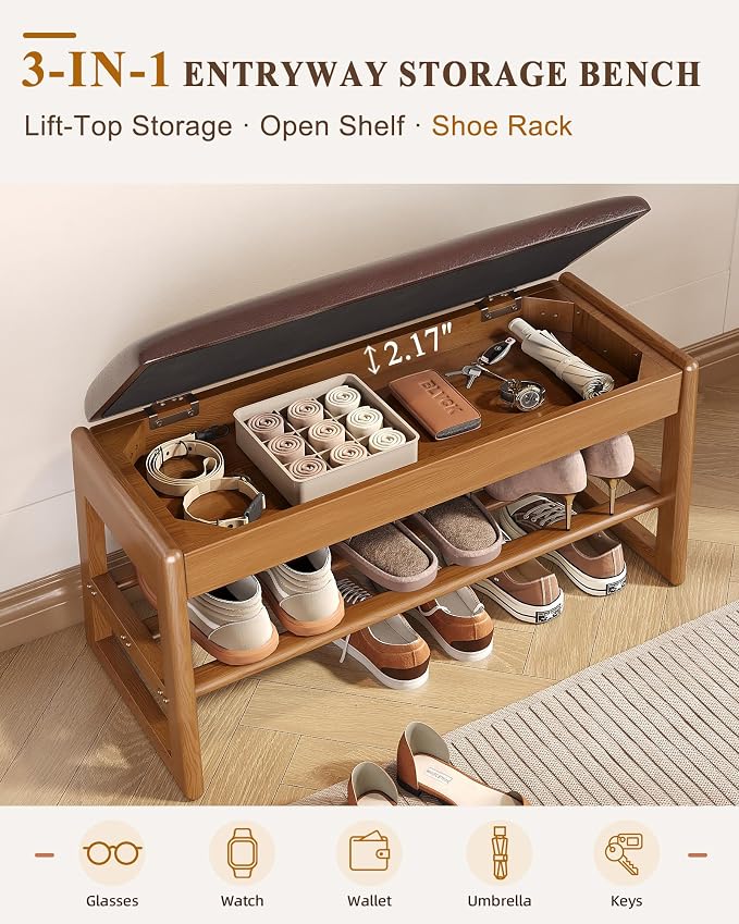 Shoe Rack Bench with Hidden Storage, 2-Tier Solid Rubberwood Entryway Bench with Soft Leather Cushioned Seat & Flip-Top Storage, 330lbs Capacity, Wooden Shoe Organizer for Hallway, Closet, Foyer - Image 6